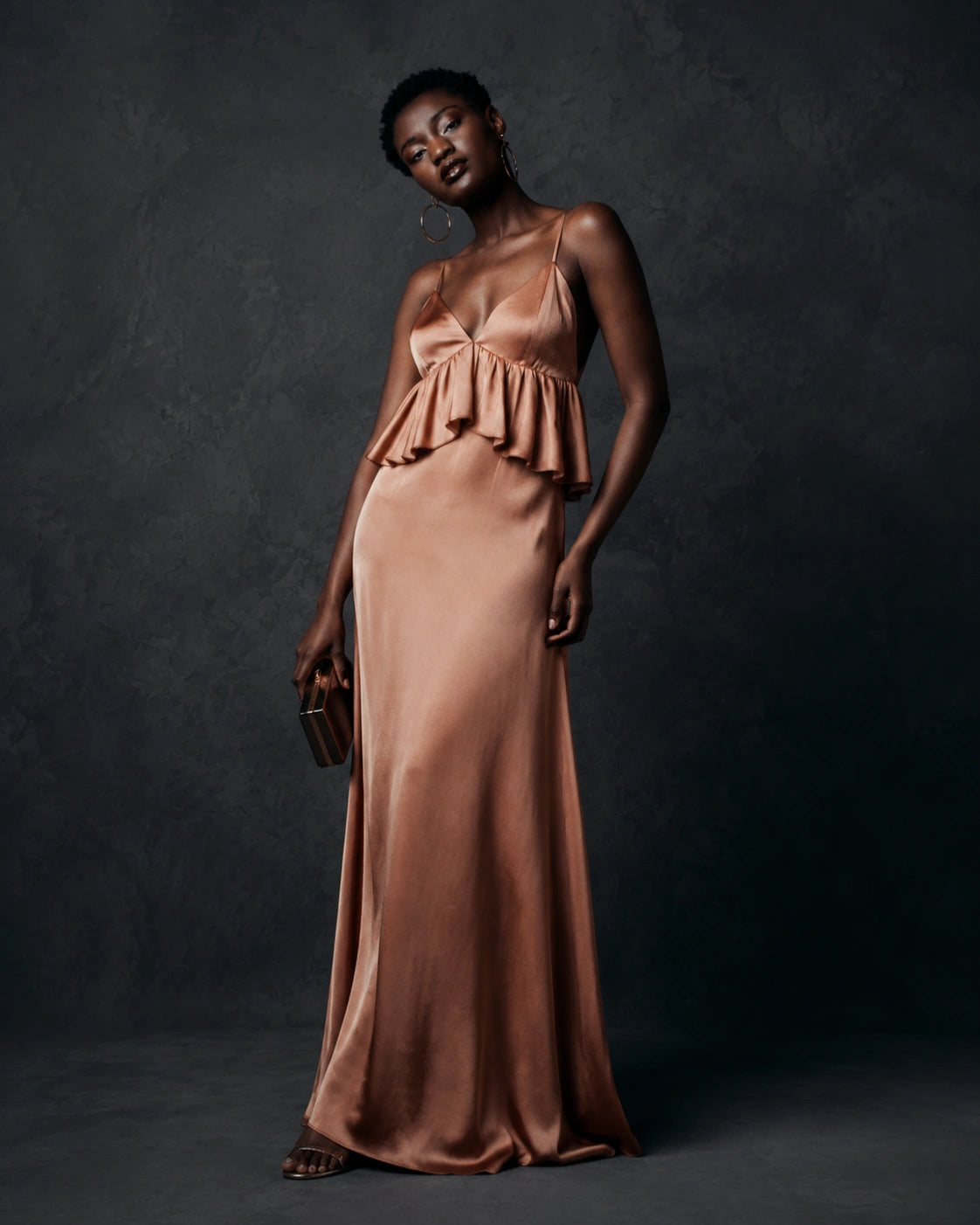 BOLODOO Rose Gold Satin Ruffle Backless Maxi Dress