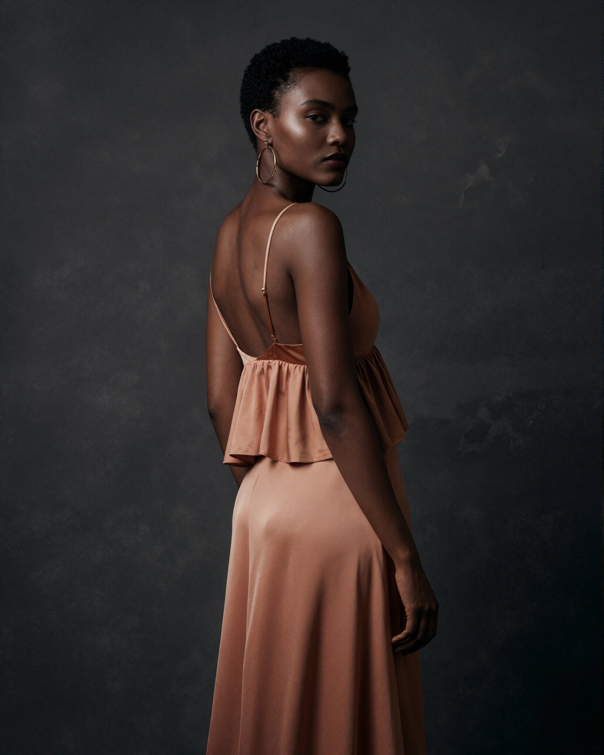 BOLODOO Rose Gold Satin Ruffle Backless Maxi Dress