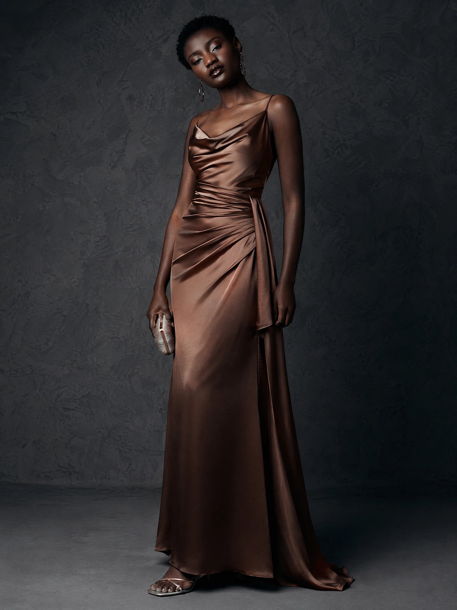 BOLODOO Chocolate Brown Satin Cowl Neck Spaghetti Strap Side-Tie Slit Maxi Dress