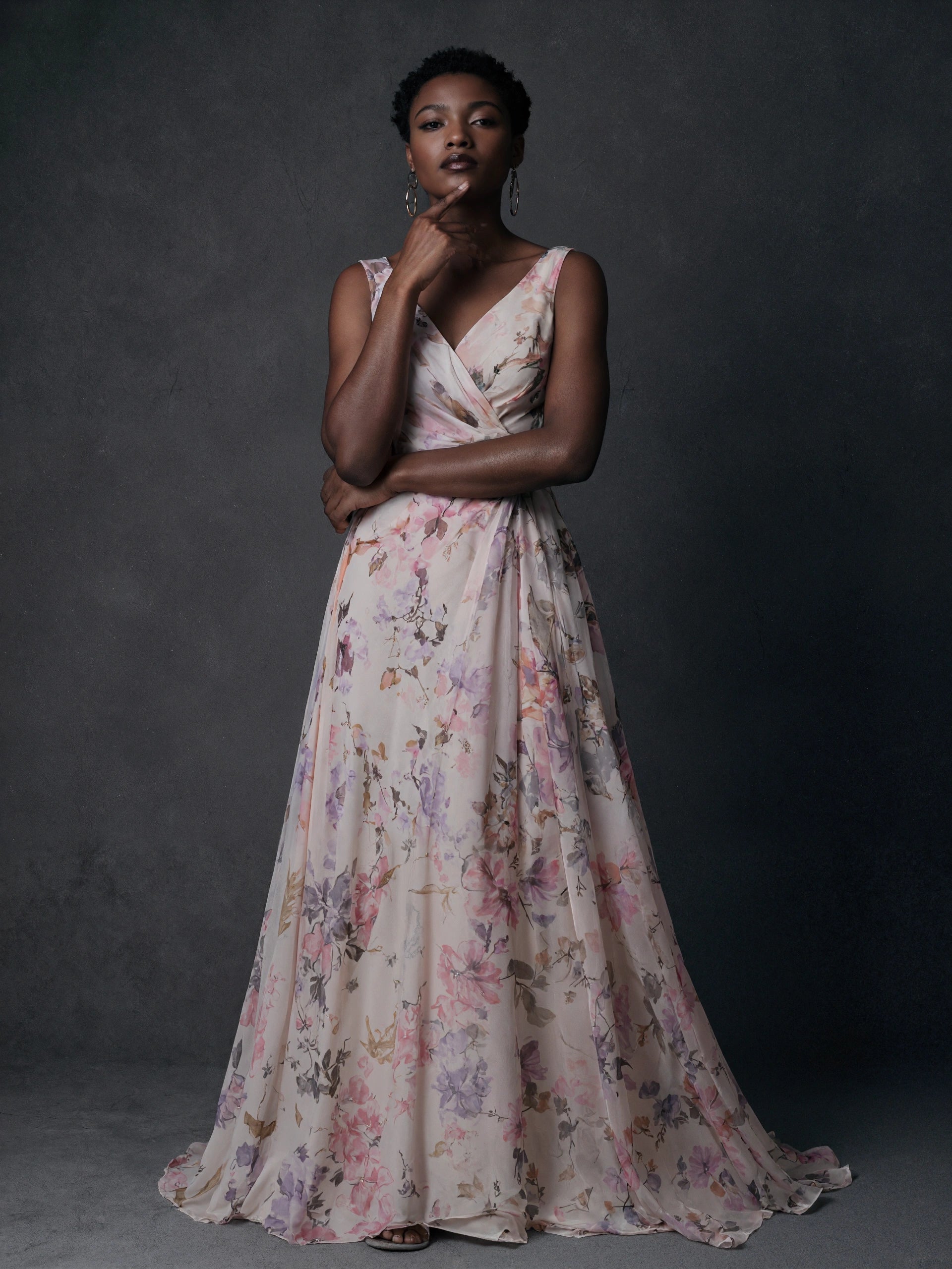 BOLODOO Blush Floral Chiffon V-Neck Wrap Ruched Backless Maxi Dress