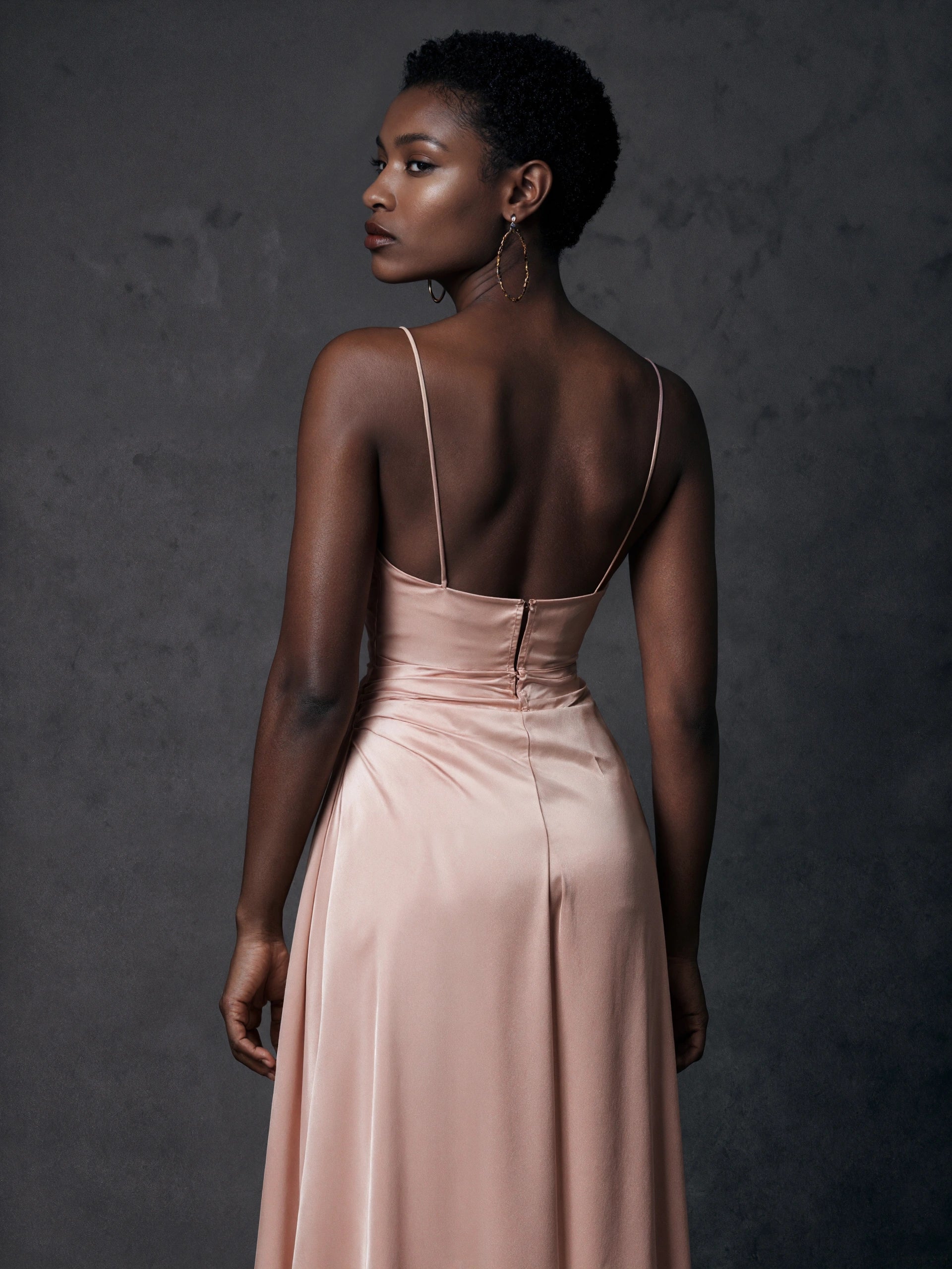 BOLODOO Nude Pink Satin Cowl Neck Spaghetti Strap Ruched Backless Maxi Dress
