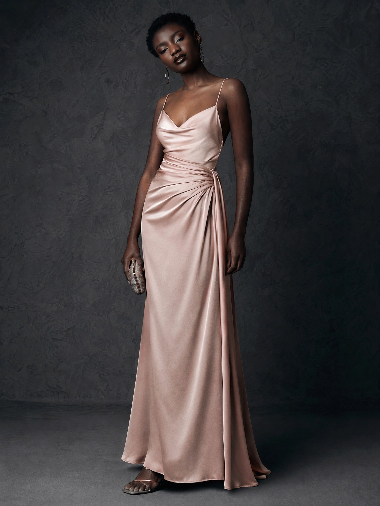 BOLODOO Nude Pink Satin Cowl Neck Spaghetti Strap Ruched Backless Maxi Dress