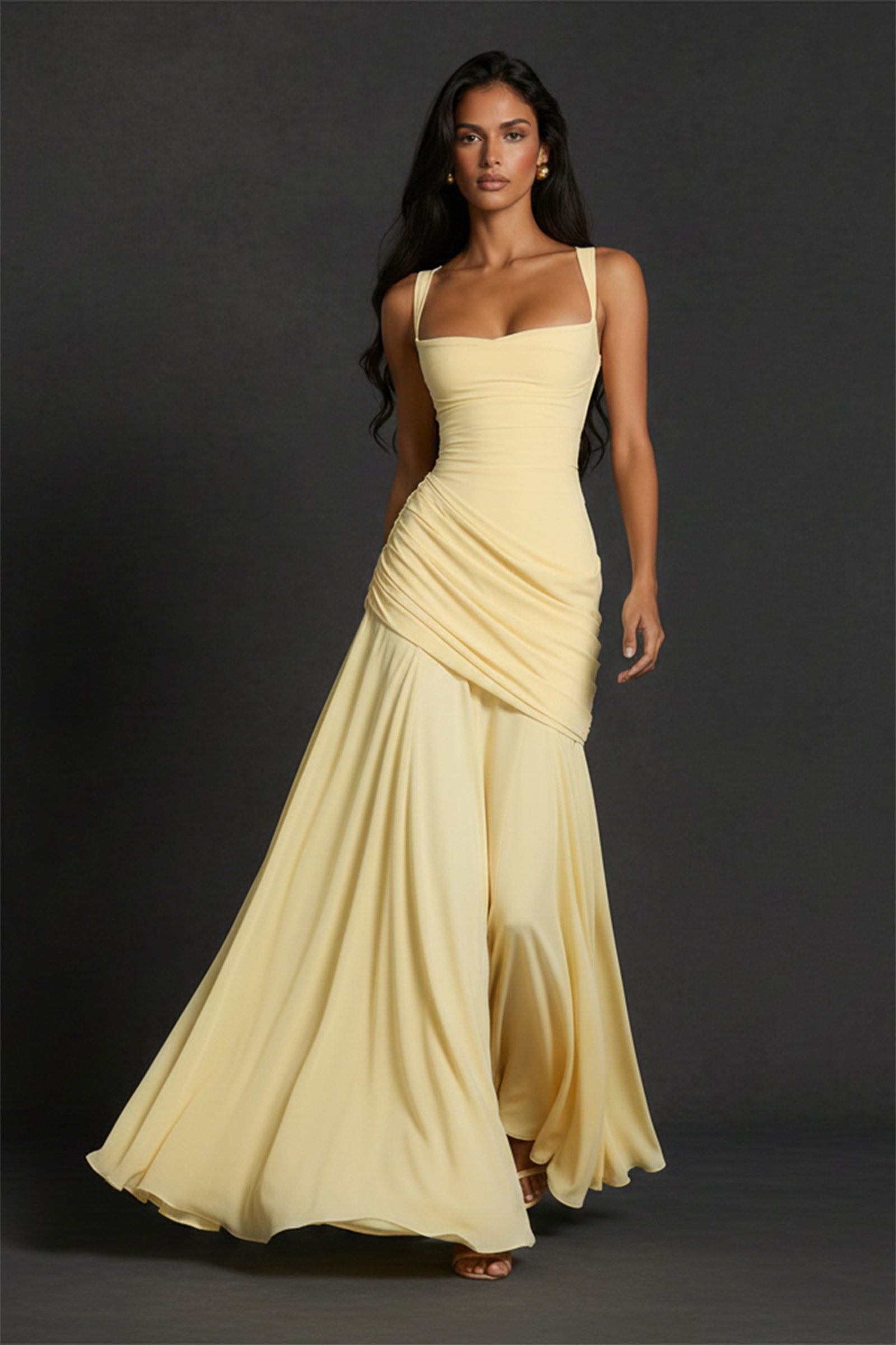 BOLODOO Square Neck Ruched A-Line Maxi Dress – Butter Yellow Backless Evening Gown